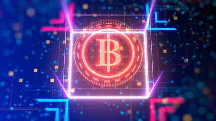 Thai Baht currency logo. Financial sign on digital background. 3d illustration