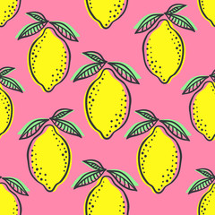 Hand drawn colorful seamless pattern of hand drawn lemons and green leaves on pink background. Scandinavian design style. Perfect for textile manufacturing wallpaper posters etc. Vector illustration