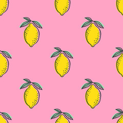 Hand drawn colorful seamless pattern of hand drawn lemons and green leaves on pink background. Scandinavian design style. Perfect for textile manufacturing wallpaper posters etc. Vector illustration