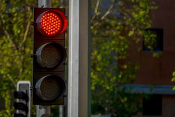 Outdoor view of red traffict light located in the streets of Santiago in Chile, South America