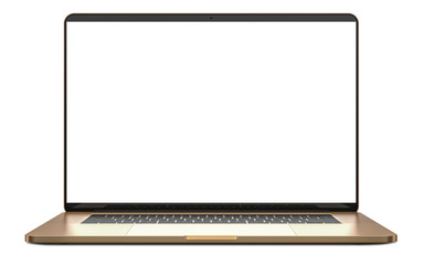 Laptop with blank screen isolated on white background, gold aluminium body. Whole in focus. High...