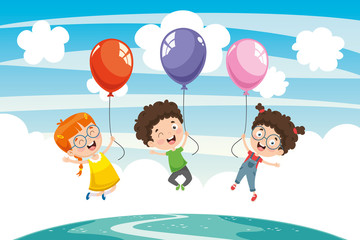 Vector Illustration Of Children With Balloon