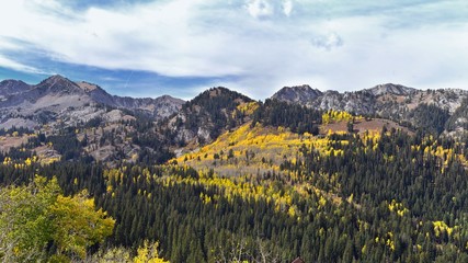 Guardsman Pass views of Panoramic Landscape of the Pass from the Brighton side by Midway and Heber Valley along the Wasatch Front Rocky Mountains, Fall Leaf Forests bright orange and yellow colors. Ut