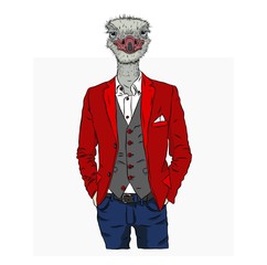 Illustration of ostrich hipster dressed up in jacket, pants and sweater. Can be used for printing on T-shirts, flyers, etc. Vector illustration