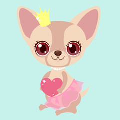 Cute chihuahua princess with heart gift. Funny sticker for a gift. Character for birthday or valentine's day.