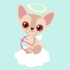Cute chihuahua Cupid with bow and arrow. Funny sticker for a gift. Character for birthday or valentine's day.
