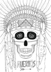 Zentangle vector illustration Dia de Muertos indianer ethnic style. Doodle art. Coloring book anti stress for adults.