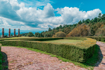 Path in a green garden surrounded by trees