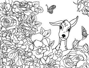 Doodle vector illustration decorative deer with butterfly in the flowers. Zentangle meditation coloring book for adults.