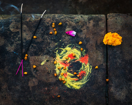 Hindu Prayer offering along the Ganges River, Varanasi, India