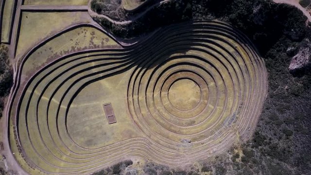 Epic aerial view of beautiful Moray. Peruvian Incan archeological sight.