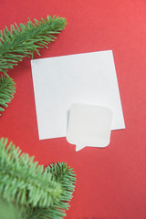 Christmas composition with Paper Blank, christmas tree branches, Flatlay, Top View, Copy Space