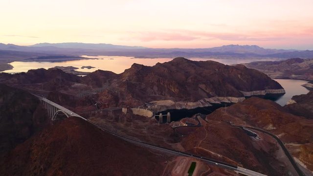 Hoover Dam Flying over helicopter drone Nevada USA Evening aerial view