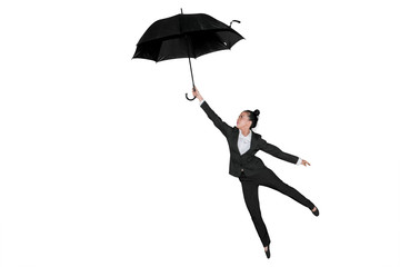 Female entrepreneur flying with an umbrella