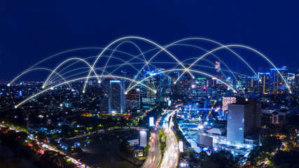 Jakarta cityscape with connection network at night