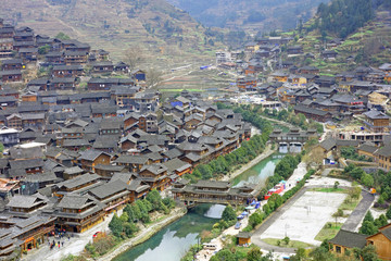 Qian Hu Miao Zai Village in morning mist , Guizhou province China.