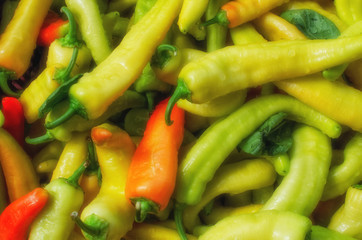 Yellow, Orange. Green Chile Peppers Close-Up