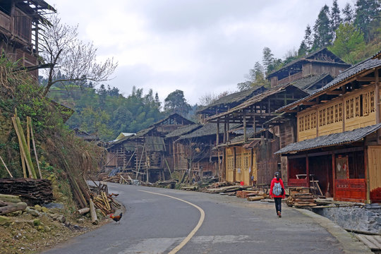 Basha district in morning mist, Guizhou province China. Selective with soft focus.