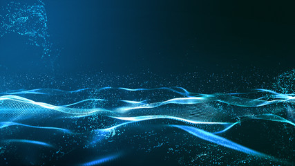Digital blue color particles wave flow abstract background