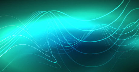 Glowing abstract wave on dark, shiny motion, Christmas and New Year magic space light. Techno abstract background