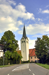 Sankt Georg Church Ratzenried, church tower in the village entrance, Argenbühl, Allgaeu, Baden-Wuerttemberg, Germany