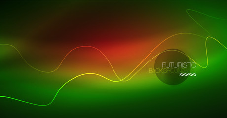 Abstract shiny glowinng color wave design element on dark background - science or technology concept