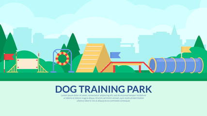 Dog training park. Banner with agility sport equipment on city landscape. Vector flat