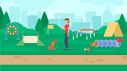 Dog park with sport equipment. A women training dog. Cynology. Command sit. Flat vector
