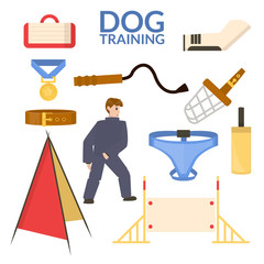 Set object of dog sport. Training equipment. Obedience. Vector flat