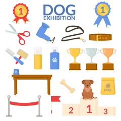 Set object of dog show. Exhibition equipment. Vector flat