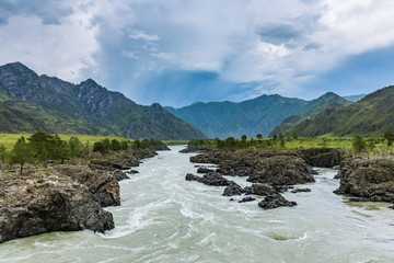 Great spring water on the Katun River and its surrounding mountains, Altai, Russia