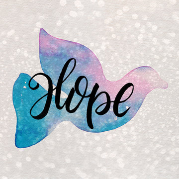 Gouache Painted Simple Holiday Peaceful Dove Silhouette with Hope Lettering: Pink, Blue, Glitter