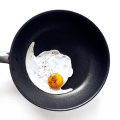 Frying egg in a non stick frying pan on a white background, close up top view