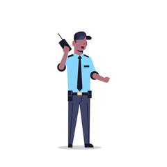 african american security guard man in uniform holding radio police officer speaking walkie talkie male cartoon character full length flat isolated