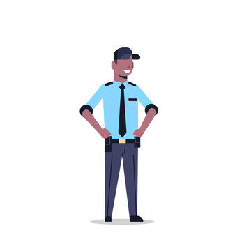 african american security guard man in uniform police officer male cartoon character full length flat isolated