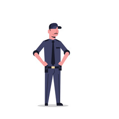 security guard man in black uniform police officer male cartoon character full length flat isolated