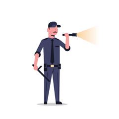 security guard man in black uniform holding flashlight baton police officer shining flash light male cartoon character full length flat isolated