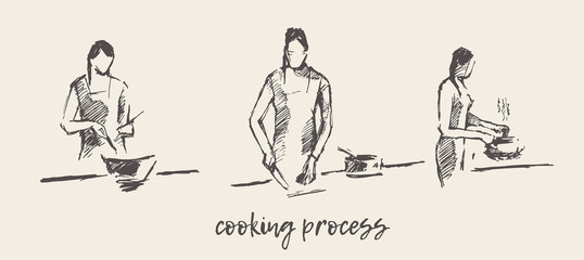 Young women cooking kitchen drawn vector sketch