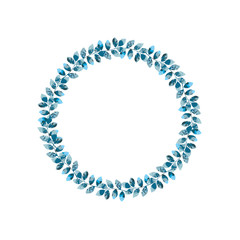 Watercolor circle blue leaf clip art illistration for wedding, celebration, invite on white background