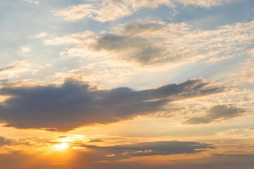 Beautiful orange sunset sunrise with clouds sky in nature.Landscape concept with copy space empty blank for text or montage design.Twilight golden time.Nature,Backdrop Concept.