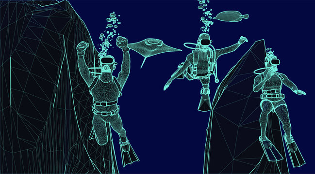 illustration of an underwater scene with scuba divers and fish in a reef