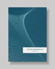 Cover template of line art design. Abstract light lines pattern on dark teal background. Sci-tech wavy vector layout A4 with text box for book, brochure, portfolio, poster, booklet. EPS10 illustration