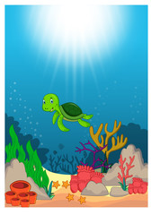 Fototapeta na wymiar Turtle in Beautiful Underwater World Cartoon