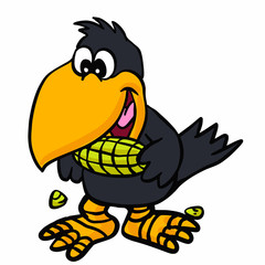 Funny crow eating corn