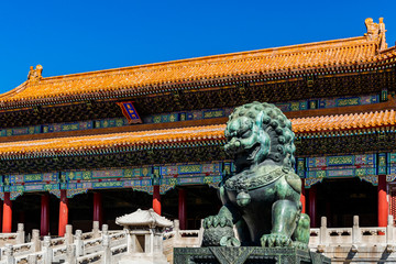 Statue of lion guarding entrance of Tiananmen, Palace complex in the center of the city
