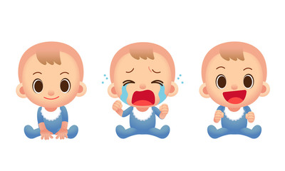Vector cute baby characters in different actions, expressions isolated on white background
