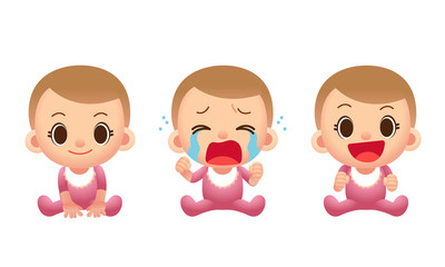 Vector cute baby characters in different actions, expressions isolated on white background