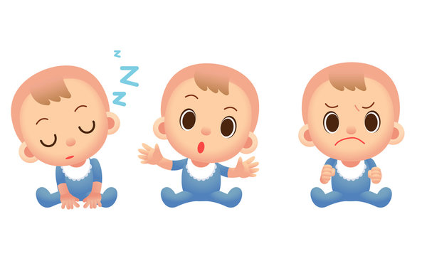 Vector cute  baby characters in different actions, expressions isolated on white background