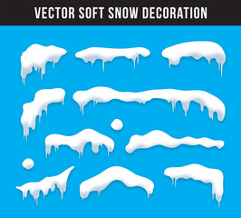 Snow caps, snowballs and snowdrifts set. Snow cap vector collection. Winter decoration element. Snowy elements on winter background. Cartoon template. Snowfall and snowflakes in motion. Illustration.