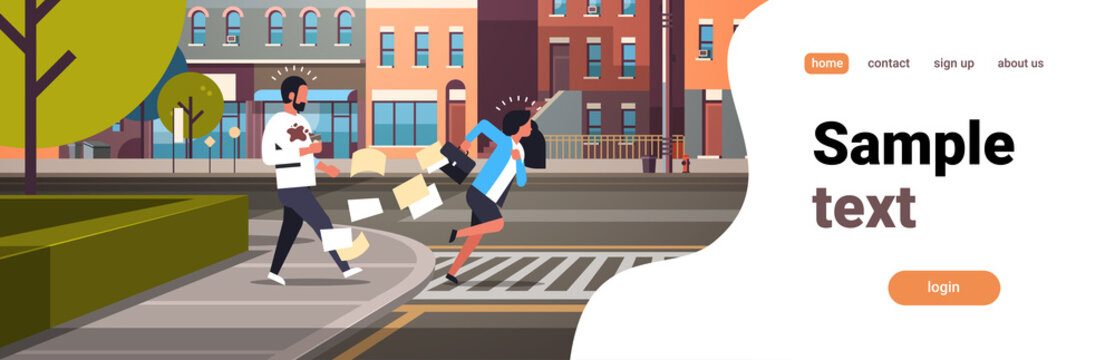 tired business woman running crosswalk pushing man with coffee cup city street road buildings background horizontal flat